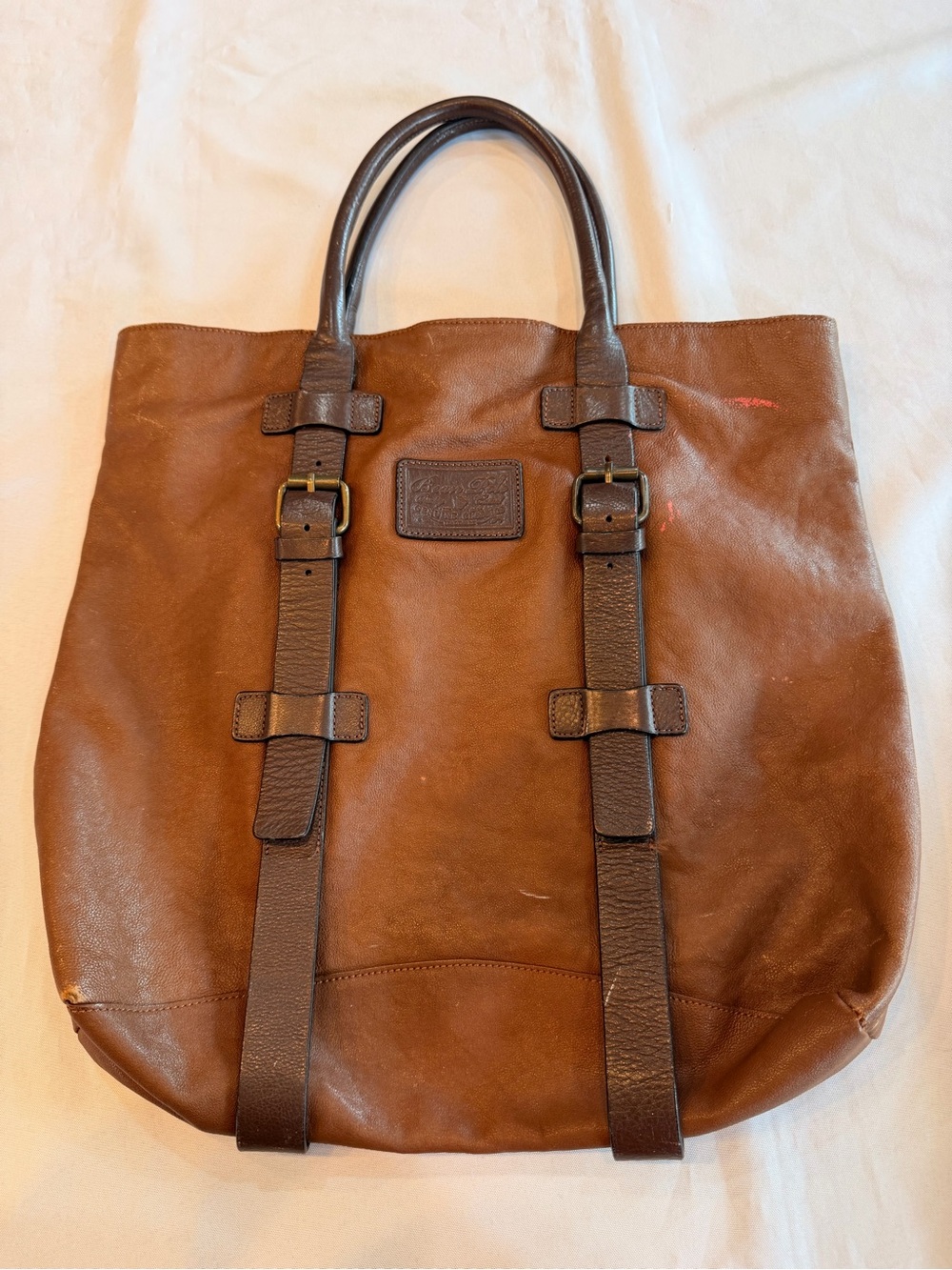 Vintage Bean Pole Huge Brown Leather with Vertical Straps Brass Buckles